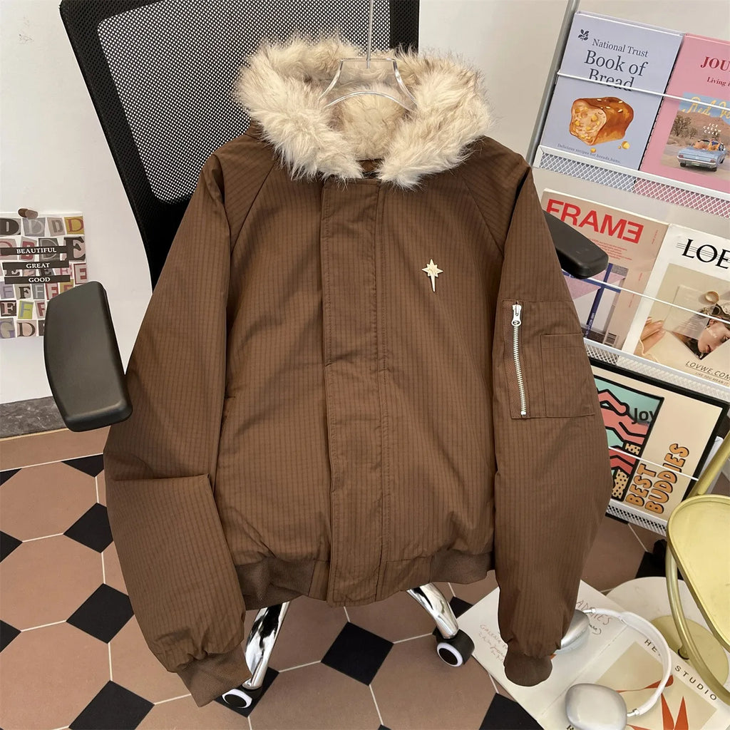 Men's Winter Thiened Hooded Cotton Jaet Loose American Retro ort Sle Warm Long Sve Youth Faion Outerwear Coat