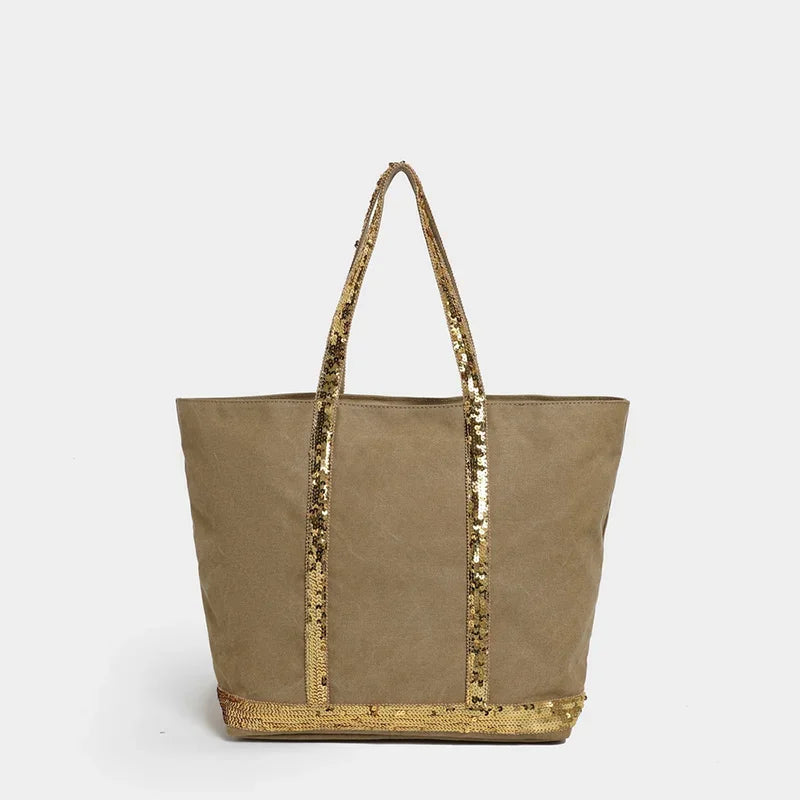 French Sequined Large-capacity Tote Bag Brand Designed Canvas Handbag Contrast Vintage Shoulder Bag Women's Business Travel Bags