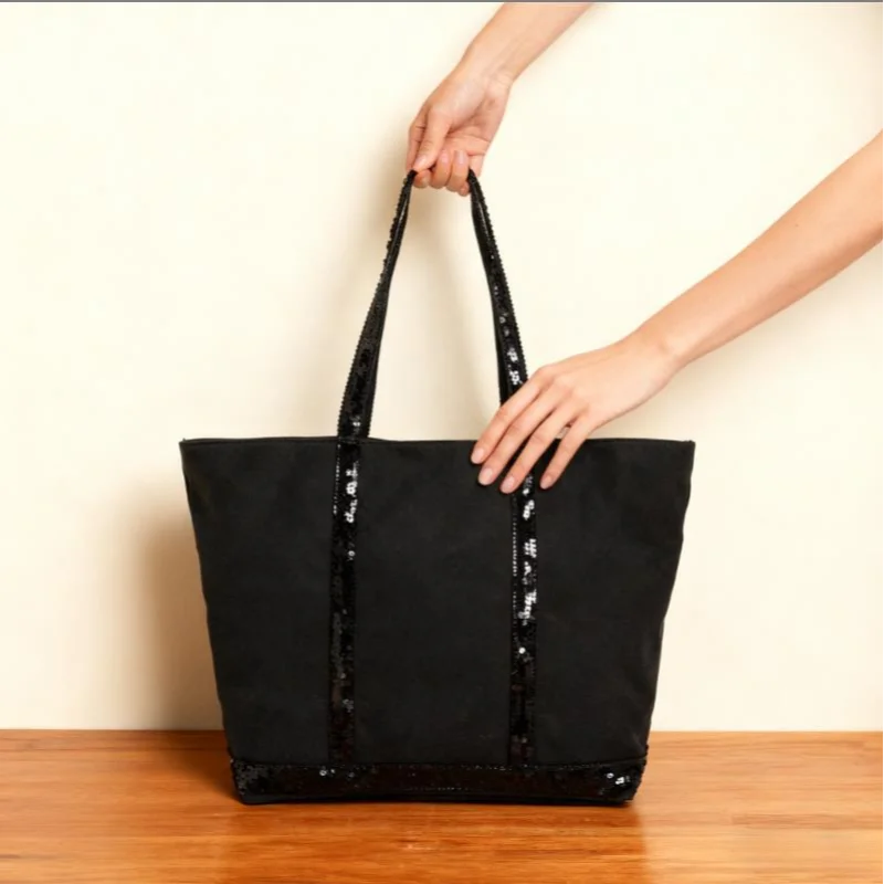 French Sequined Large-capacity Tote Bag Brand Designed Canvas Handbag Contrast Vintage Shoulder Bag Women's Business Travel Bags