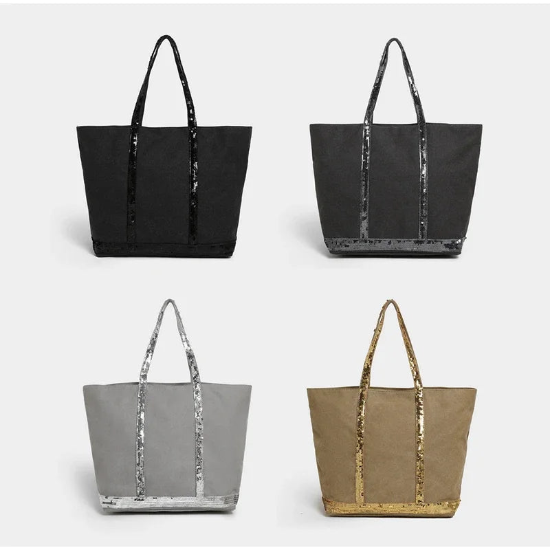 French Sequined Large-capacity Tote Bag Brand Designed Canvas Handbag Contrast Vintage Shoulder Bag Women's Business Travel Bags
