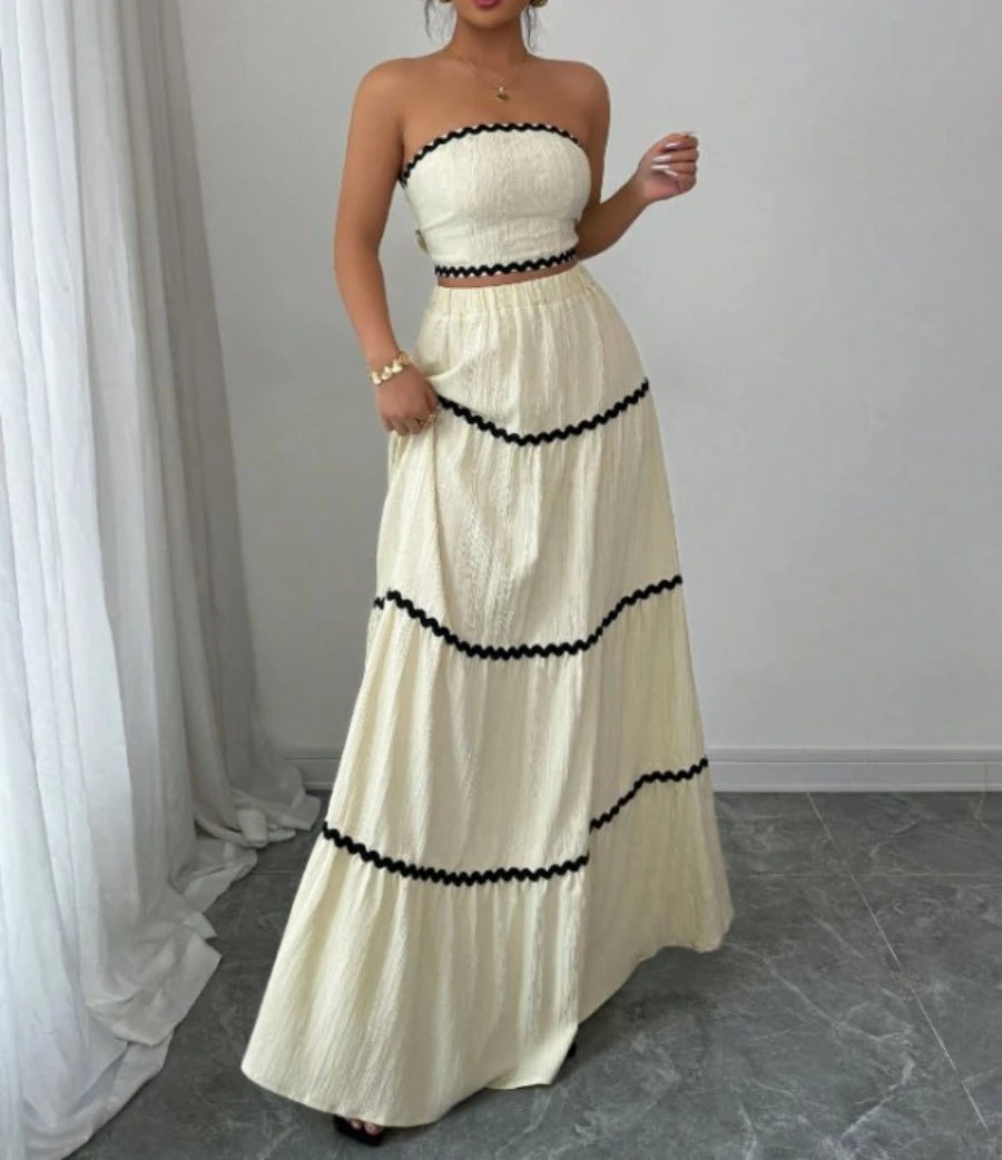 Women's Maxi Skirt Set Summer Beige Sleeveless Wrap Top & Maxi Skirt 2 Piece Sets Fashion Casual Beach Vacation Sets