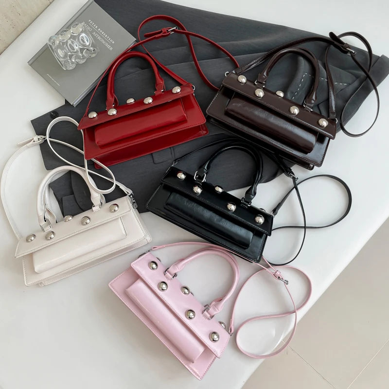 Classic Pu Leather Shoulder Bag for Women Fashion Studded Beading Crossbody Bags Vintage Handbag Small Square Satchel (Black)