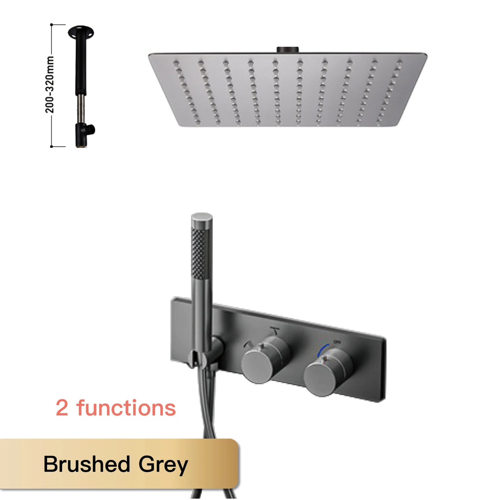 Modern Black Brass Bathroom Thermostatic Ceiling Type Shower System Wall-Mounted 3-Function Waterfall Tap for Cold & Hot Wate