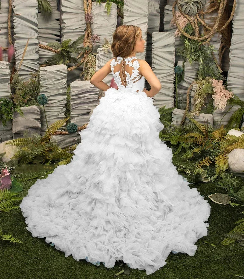 Tiered Tulle Flower Girl Dresses For Wedding With Detachable Train High Low Toddler Girls Pageant Dress Kids Party Ball Gown