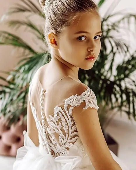 MisShow Flower Girl Dresses Princess For Wedding Party Bow Tie Back Girls Lace Dress For Kids 3-9 Years Ball Gown