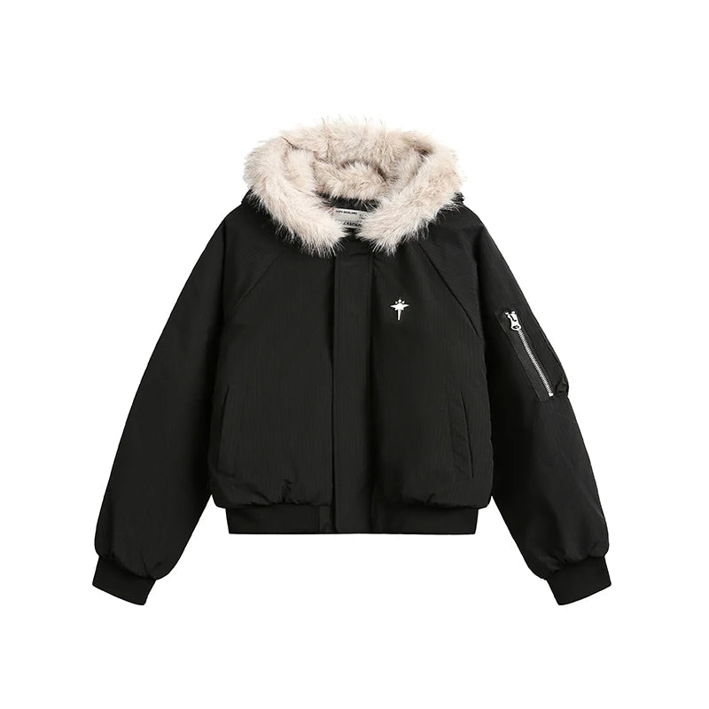 Trendy Thickened Short Cotton Jacket Women's Workwear Hooded Coat Fur Collar Street Style Loose Fit Metal Zipper Poly Fiber