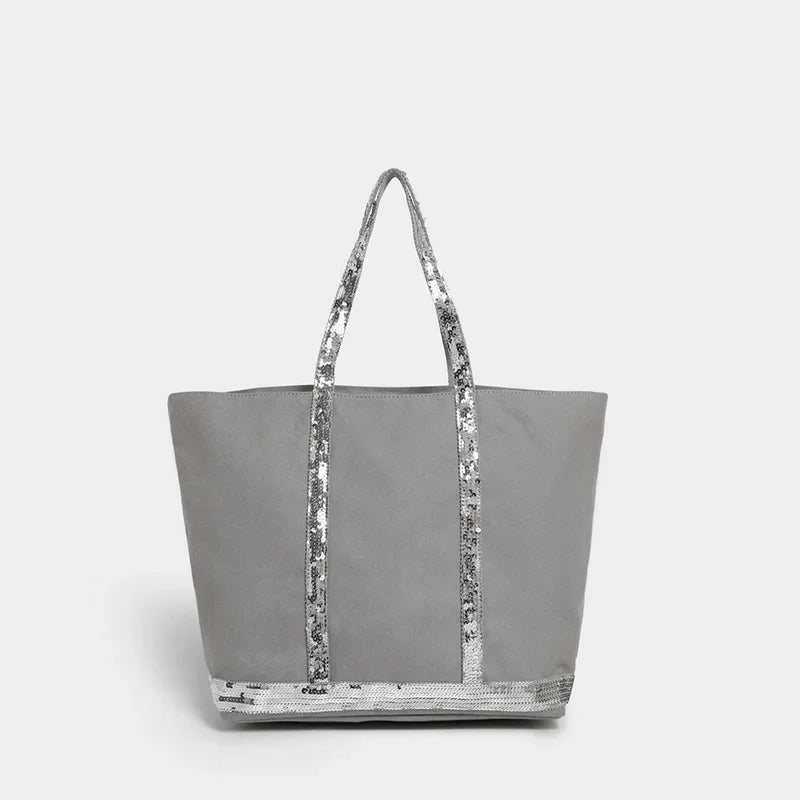 French Sequined Large-capacity Tote Bag Brand Designed Canvas Handbag Contrast Vintage Shoulder Bag Women's Business Travel Bags
