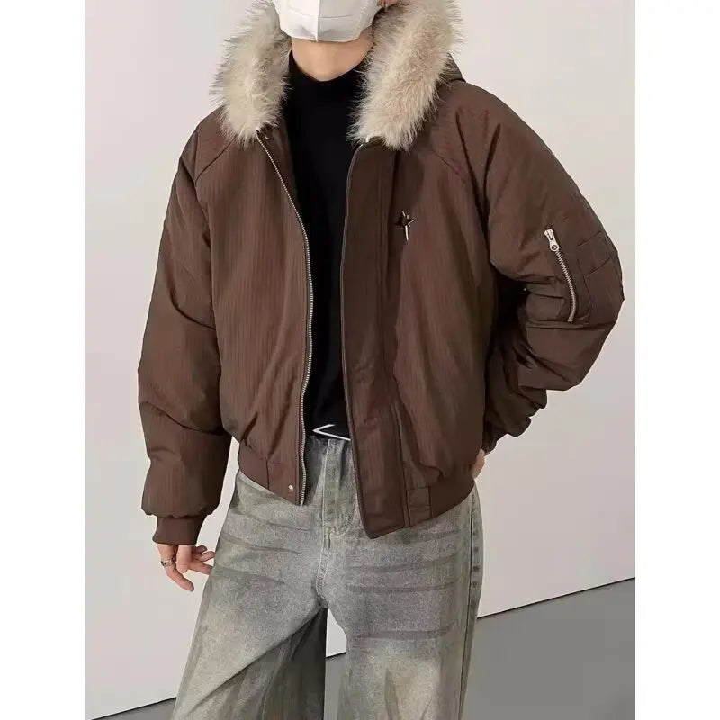 Retro American Cotton Jaet Men's Hooded ort Thiened Large Fur Collar Winter Warm Coat Cleanfit Outerwear Casual Youth