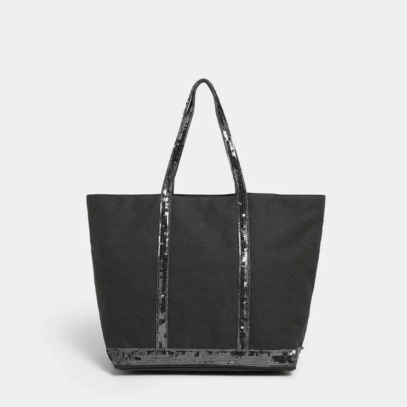 French Sequined Large-capacity Tote Bag Brand Designed Canvas Handbag Contrast Vintage Shoulder Bag Women's Business Travel Bags