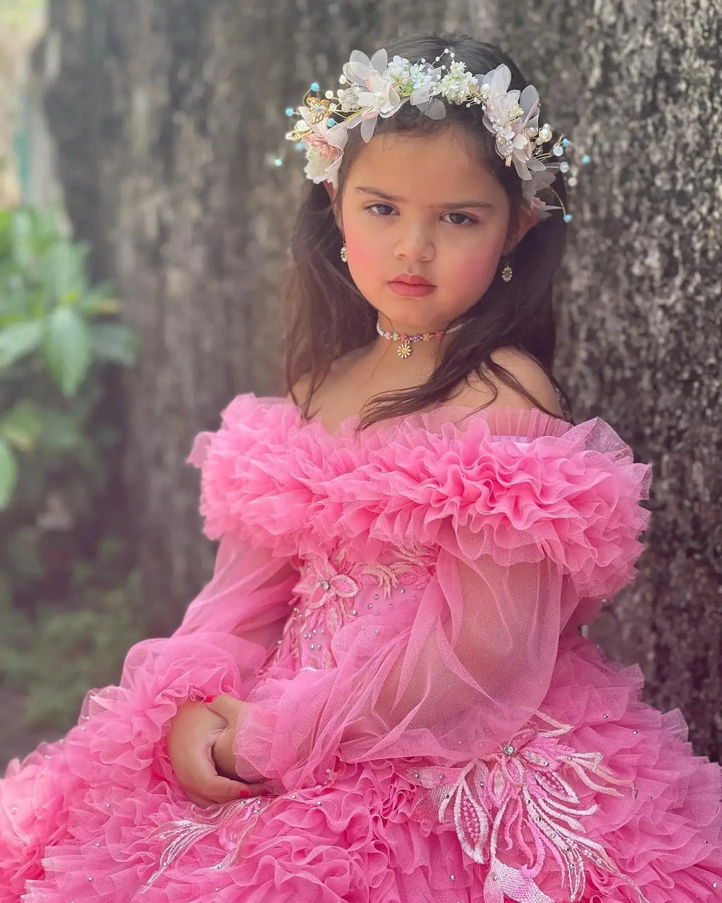 Pink Flower Girl Dresses for Wedding Crystal Ruffles Off the Shoulder First Communion Kids Birthday Party Gown Party Dress