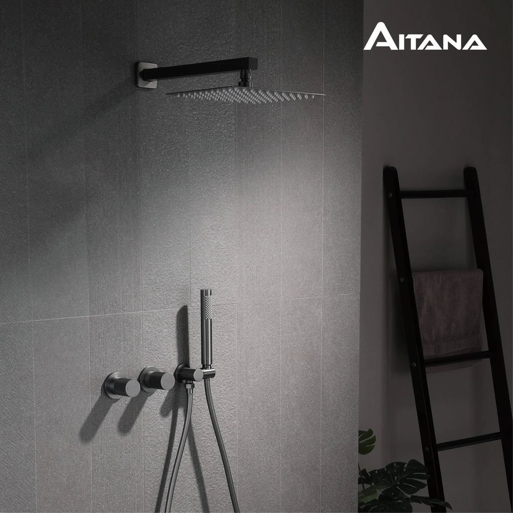 Luxury Bathroom Brass Gun Grey Wall-Mounted Shower System 2 function Embedded Bath Mixer Tap Dual Spray Rainfall/Handheld