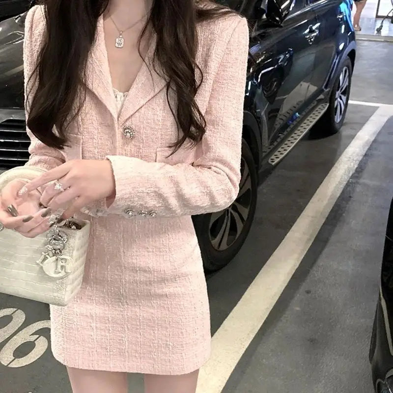 Winter Sweet Pink Korean Fashion Women's Two Pieces Set French Elegant Design Tweed Suit Set with Blazer and Skirt Chic Outfits