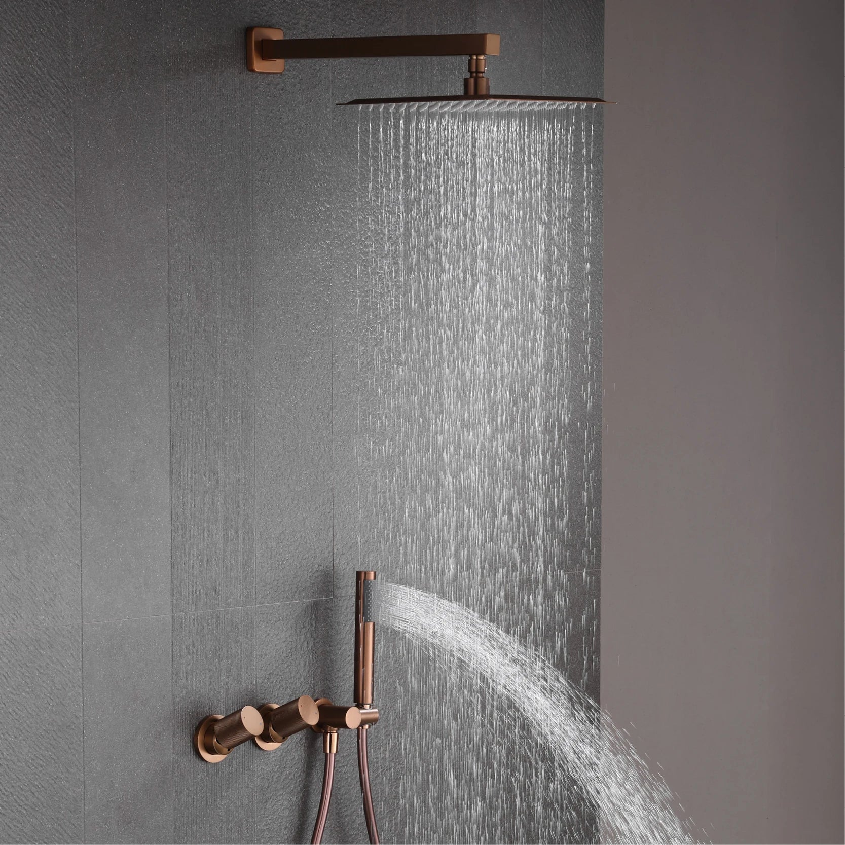 Luxury Bathroom Brass Gun Grey Wall-Mounted Shower System 2 function Embedded Bath Mixer Tap Dual Spray Rainfall/Handheld