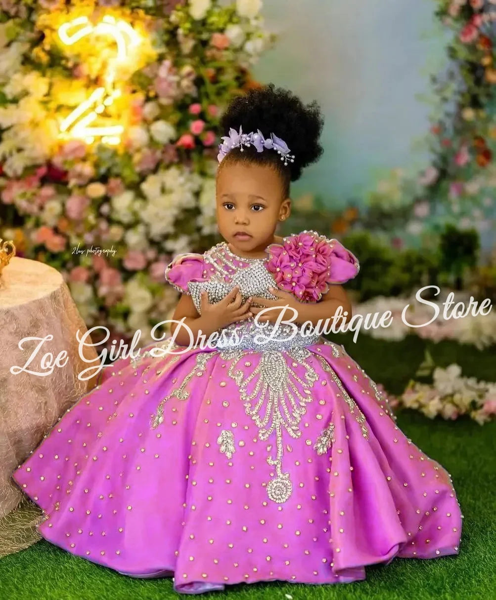 Luxury Lavender Girls Birthday Dress Beading With Bow Floral Flower Girl Dresses Queen Ball Gowns for Wedding Party Customized