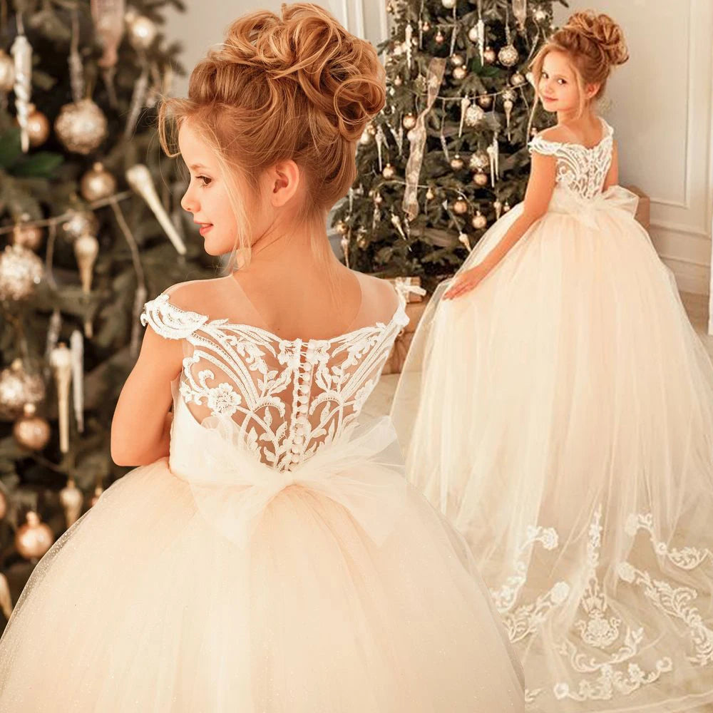 MisShow Flower Girl Dresses Princess For Wedding Party Bow Tie Back Girls Lace Dress For Kids 3-9 Years Ball Gown