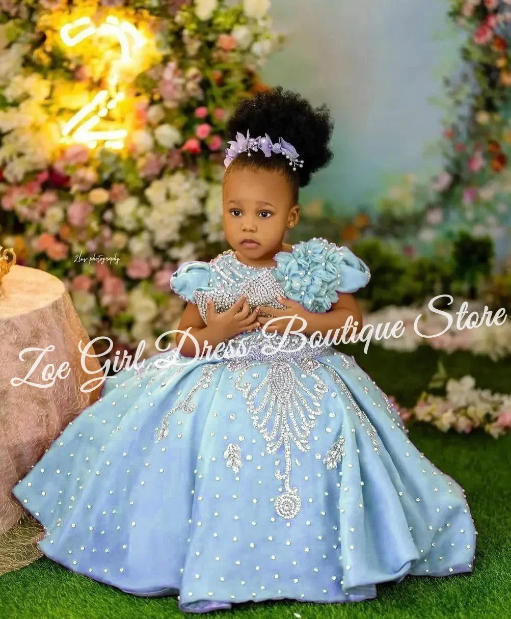 Luxury Lavender Girls Birthday Dress Beading With Bow Floral Flower Girl Dresses Queen Ball Gowns for Wedding Party Customized