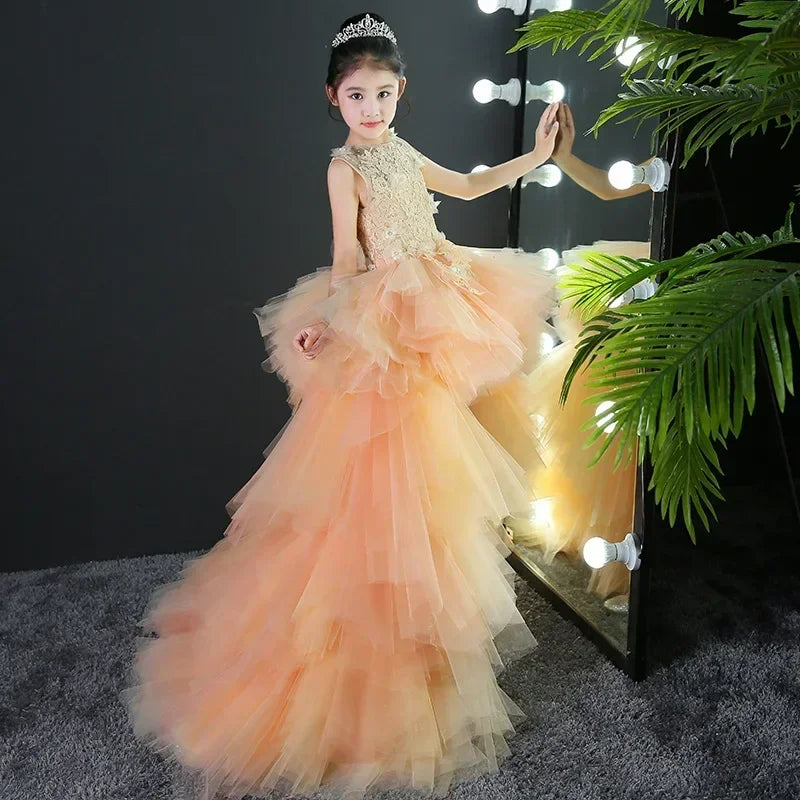 Custom Made Luxury Grey Pageant Dress Kids Birthday Wedding Ball Gown Party Dress Crystal Bandage Flower Girl Dresses Long Train