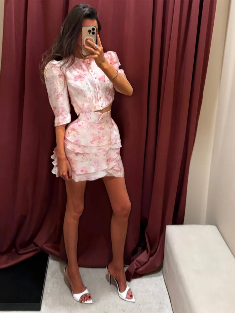 Women's Fashion Print Mini Skirt Set Bubble Sleeves O-neck Crop Top Layered Ruffle Suits 2026 Summer Lady New Highstreet Outwear