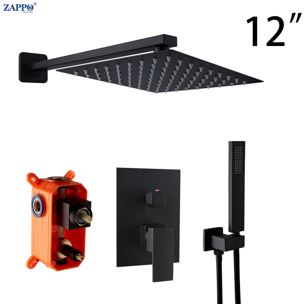 ZAPPO Black Shower Set Wall Mounted Shower Faucet Mixer 8/10/12/16 inch Rainfall Shower Head Bathroom Shower Systerm Tap