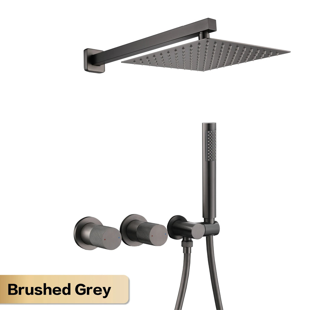 Luxury Bathroom Brass Gun Grey Wall-Mounted Shower System 2 function Embedded Bath Mixer Tap Dual Spray Rainfall/Handheld