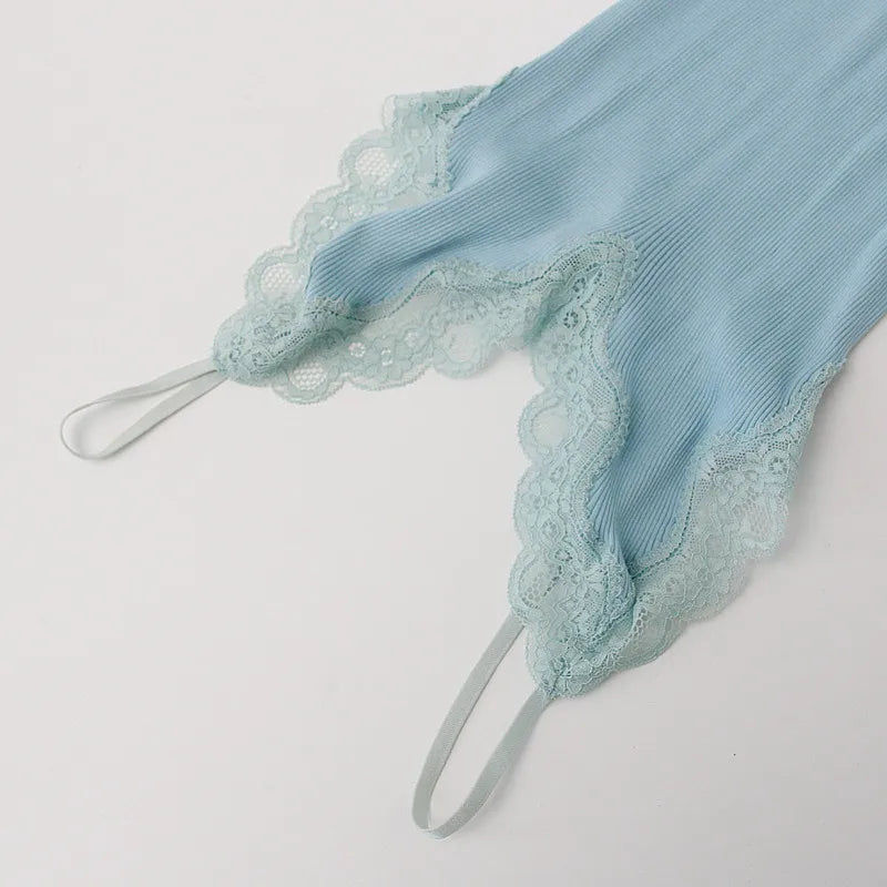 Birdtree 70% Silk 30% Cotton Lace Camisole Women Knit Tank Top Spaghetti Strap Elastic Slim Basic Sleepwear Vest Summer T35701C