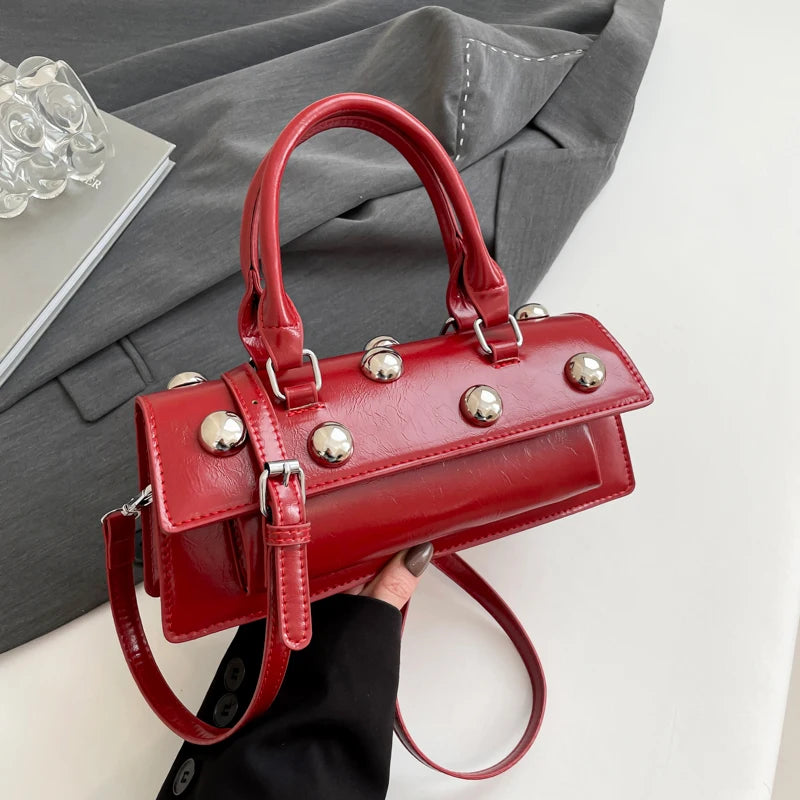 Classic Pu Leather Shoulder Bag for Women Fashion Studded Beading Crossbody Bags Vintage Handbag Small Square Satchel (Black)