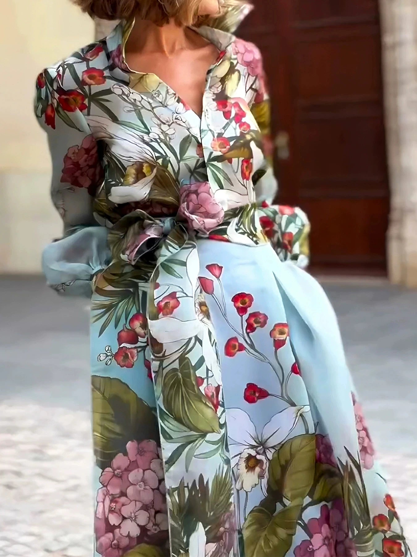 New autumn and winter style, elegant and romantic vacation style, two-piece set of long-sleeved long dress with tie belt and cin