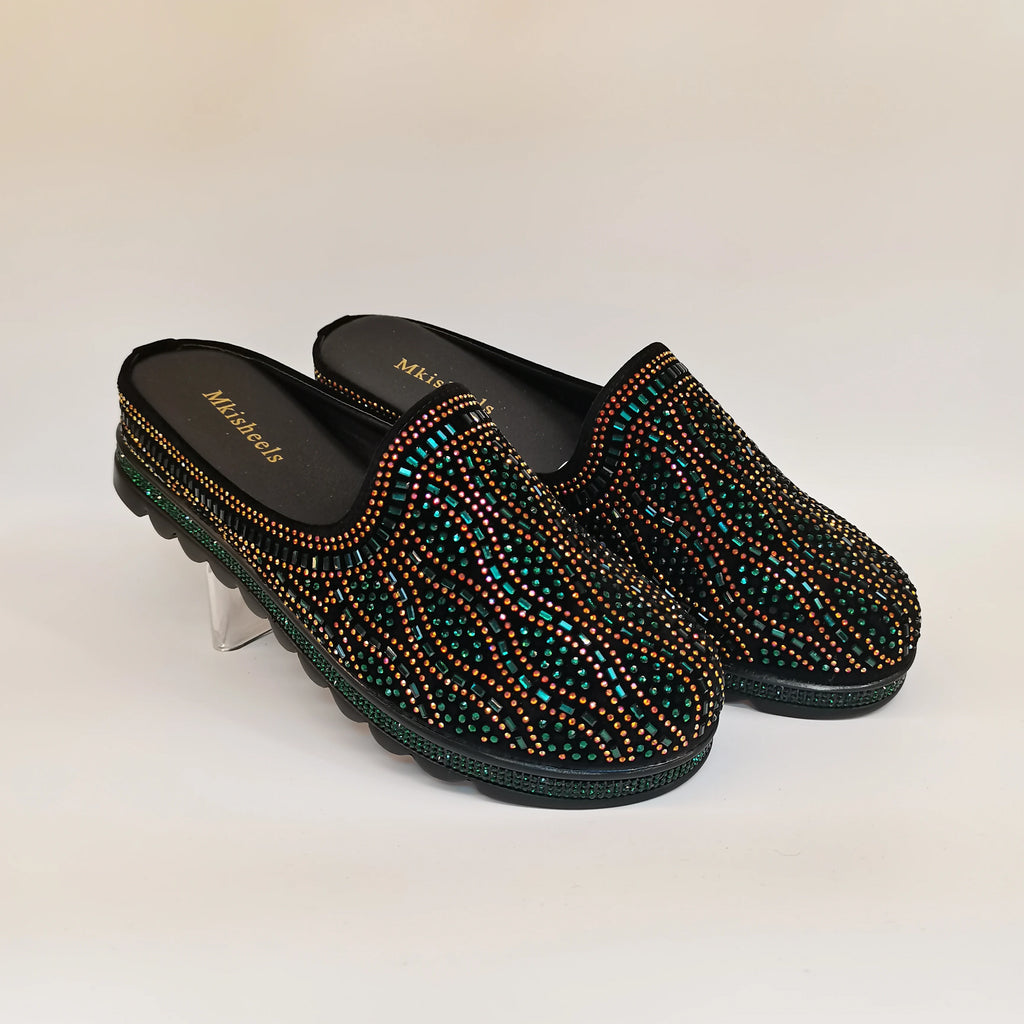 African Popular Luxury Women's Rhinestone Slippers Non-slip height-raising, High-end  Mid-Heel Lady Casual Mullers Shoes F1207-1