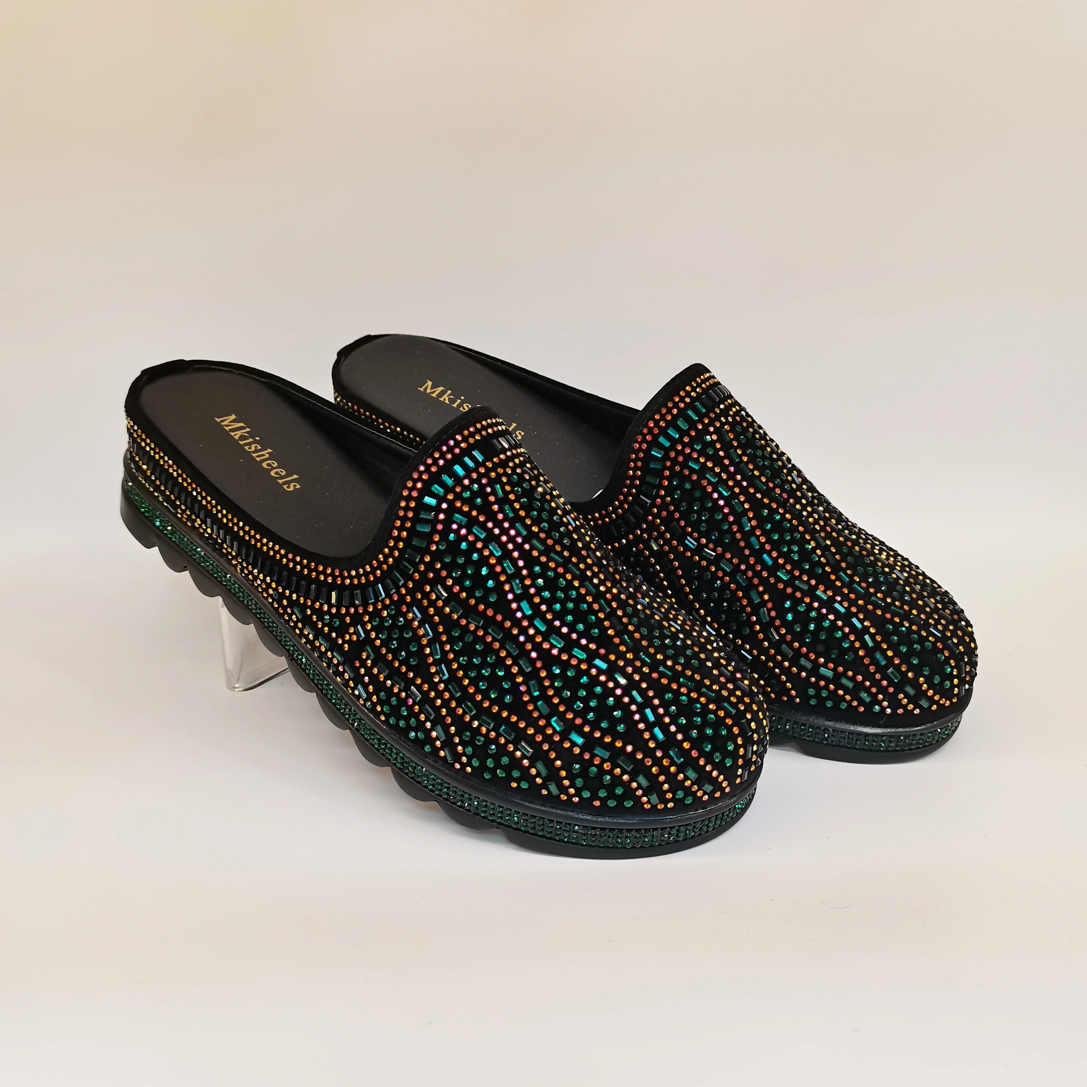 African Popular Luxury Women's Rhinestone Slippers Non-slip height-raising, High-end  Mid-Heel Lady Casual Mullers Shoes F1207-1