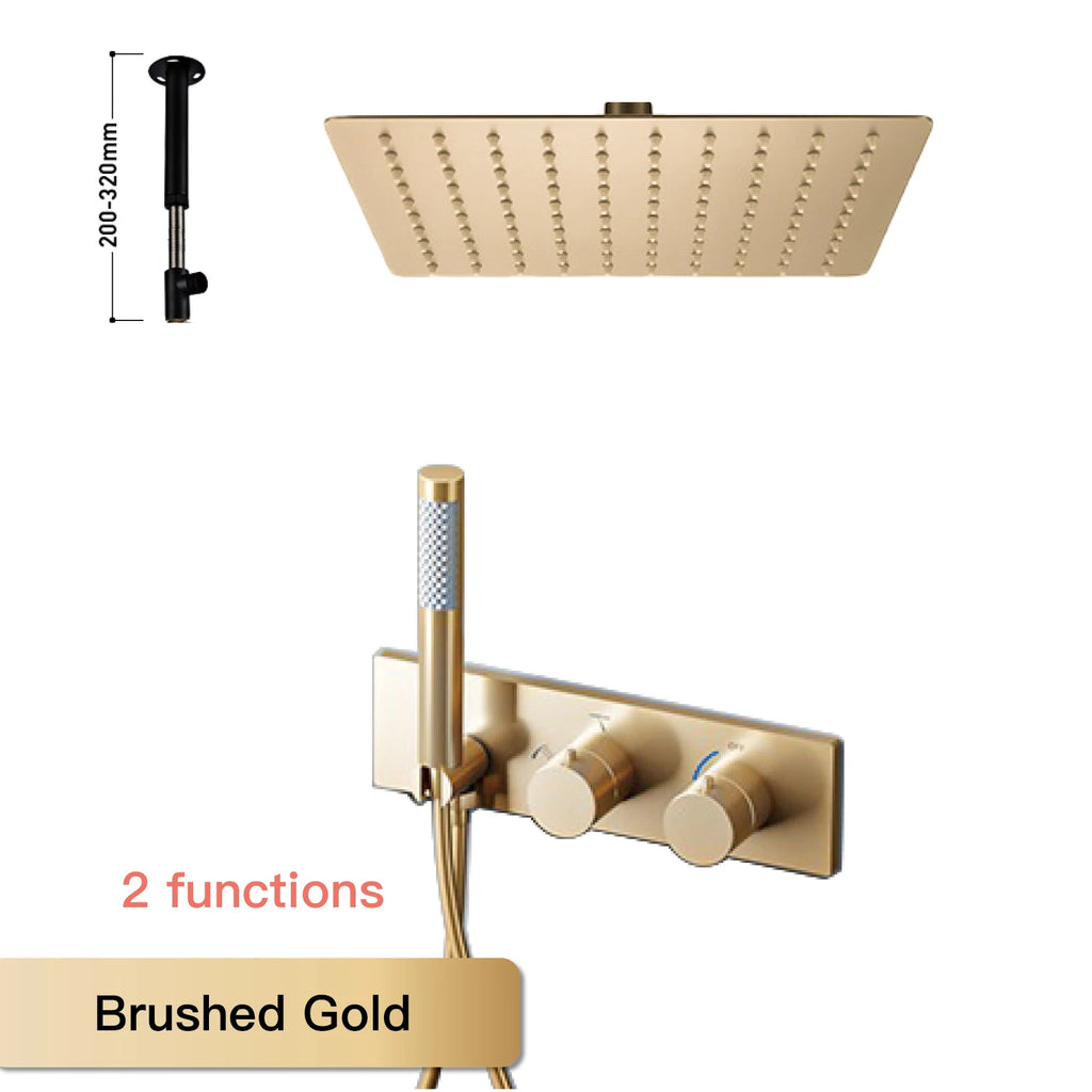 Modern Black Brass Bathroom Thermostatic Ceiling Type Shower System Wall-Mounted 3-Function Waterfall Tap for Cold & Hot Wate