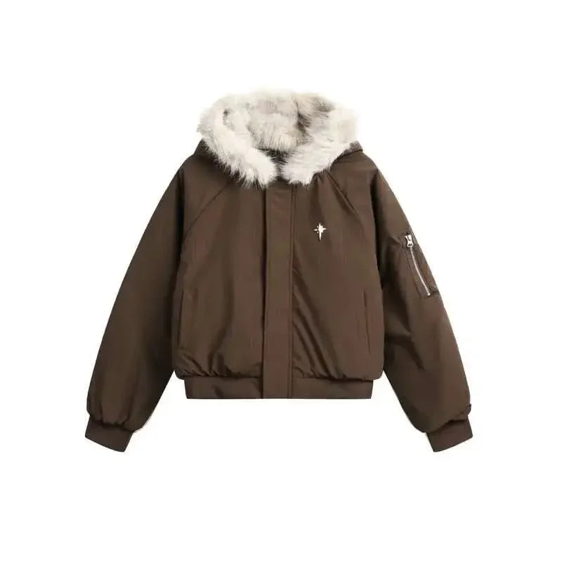 Unisex Winter Warm Fur Collar Hooded Quilted Padded Jacket 2024 Trend New Brown Loose Causal Short Style Cotton-padded Coat