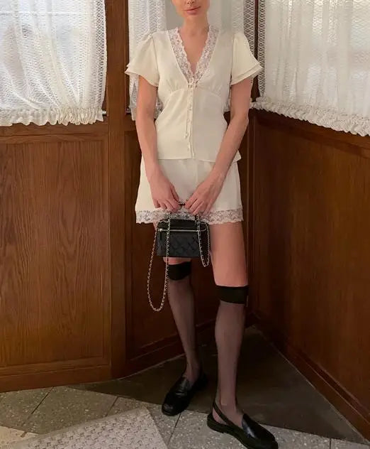 Two Piece Set Women Outfit 2026 Spring Summer New Solid Color Lace Patchwork V-Neck Short Sleeve Top & Casual Mini Skirt Set