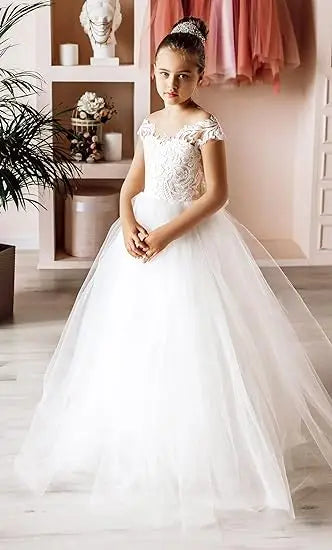 MisShow Flower Girl Dresses Princess For Wedding Party Bow Tie Back Girls Lace Dress For Kids 3-9 Years Ball Gown