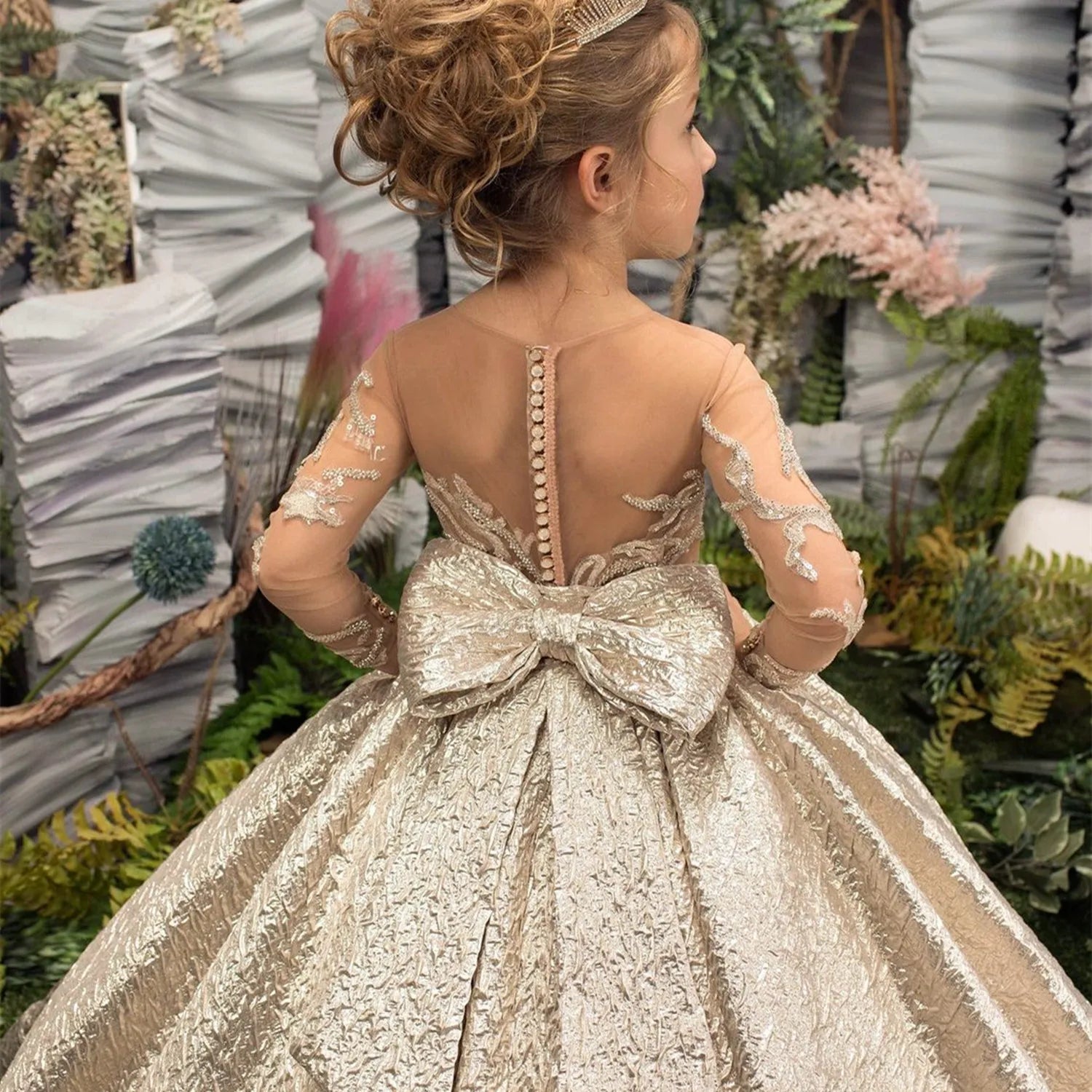 Gold Big Bow Flower Girl Dresses  Appliques Full Illusion Sleeves Birthday Wedding Holiday Bridesmaid Dress Customized Clothing