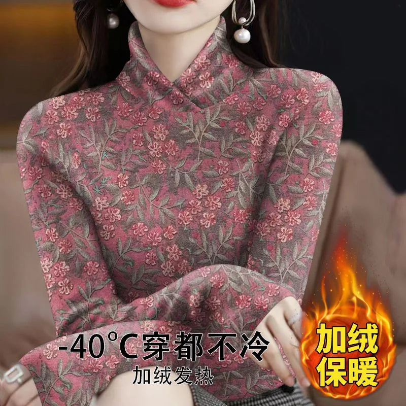 Half High Collar Bottoming Shirt For Women Autumn Winter Plush Warm Pullover Middle-aged Mother Add Velvet Print Tops T-Shirt