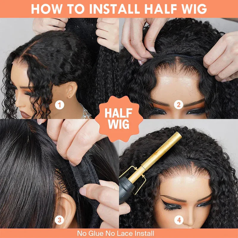 220% Half Wig Human Hair Afro Kinky Curly Wigs Glueless Wigs Human Hair 3 in 1 Wear Go Glueless Wig With Drawstring Seamless