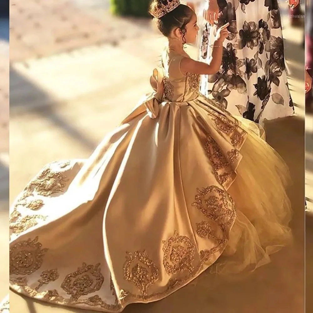 Flower Girl Dresses for Wedding Lace Floral Appliqued Little Girls Pageant Dress Tiered Skirts vestidos de desfile