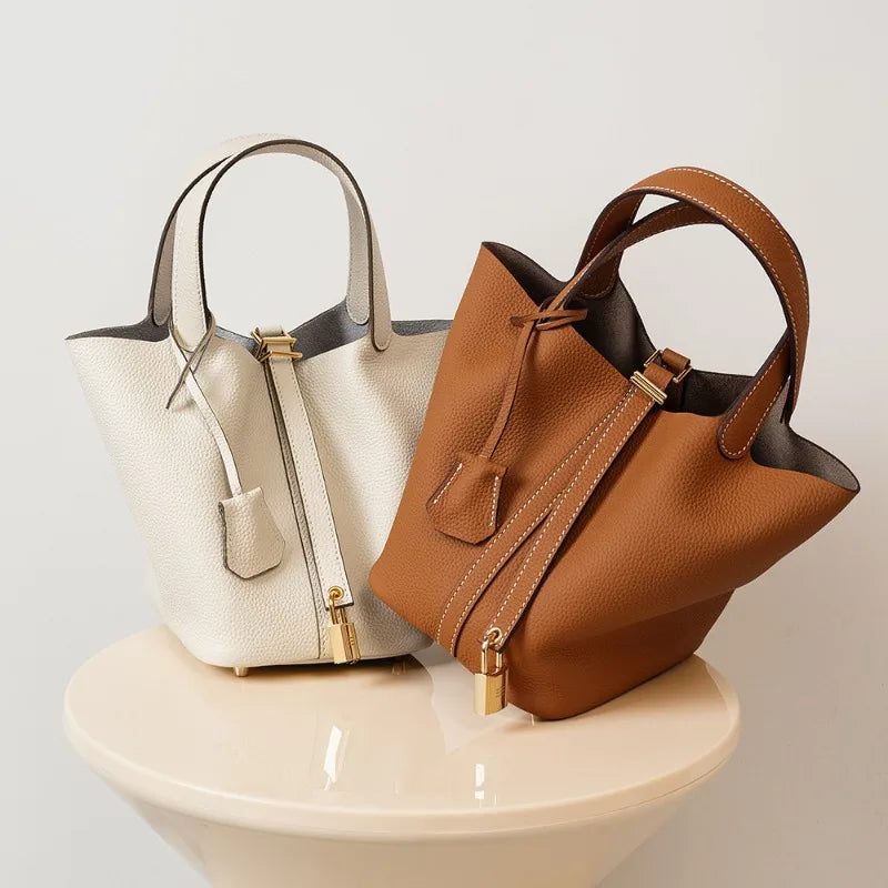 Bucket bag, genuine leather women's bag, vegetable basket bag, mommy bag, bride's wedding bag, light luxury high-end handbag