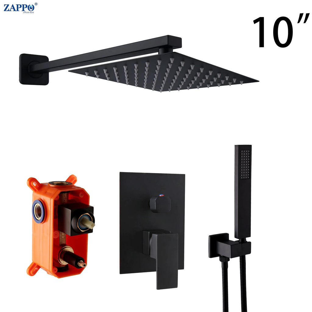 ZAPPO Black Shower Set Wall Mounted Shower Faucet Mixer 8/10/12/16 inch Rainfall Shower Head Bathroom Shower Systerm Tap