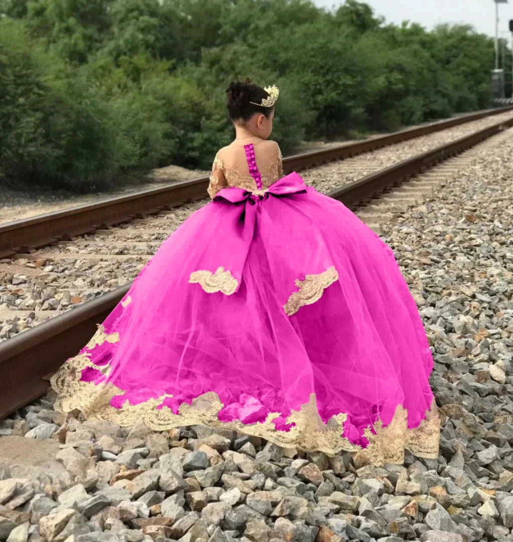 Pink Huge Bow Flower Girl Dresses Full Sleeves Lase Luxury Princess Pageant Dress For Birthday Party Gown First Holy Communion