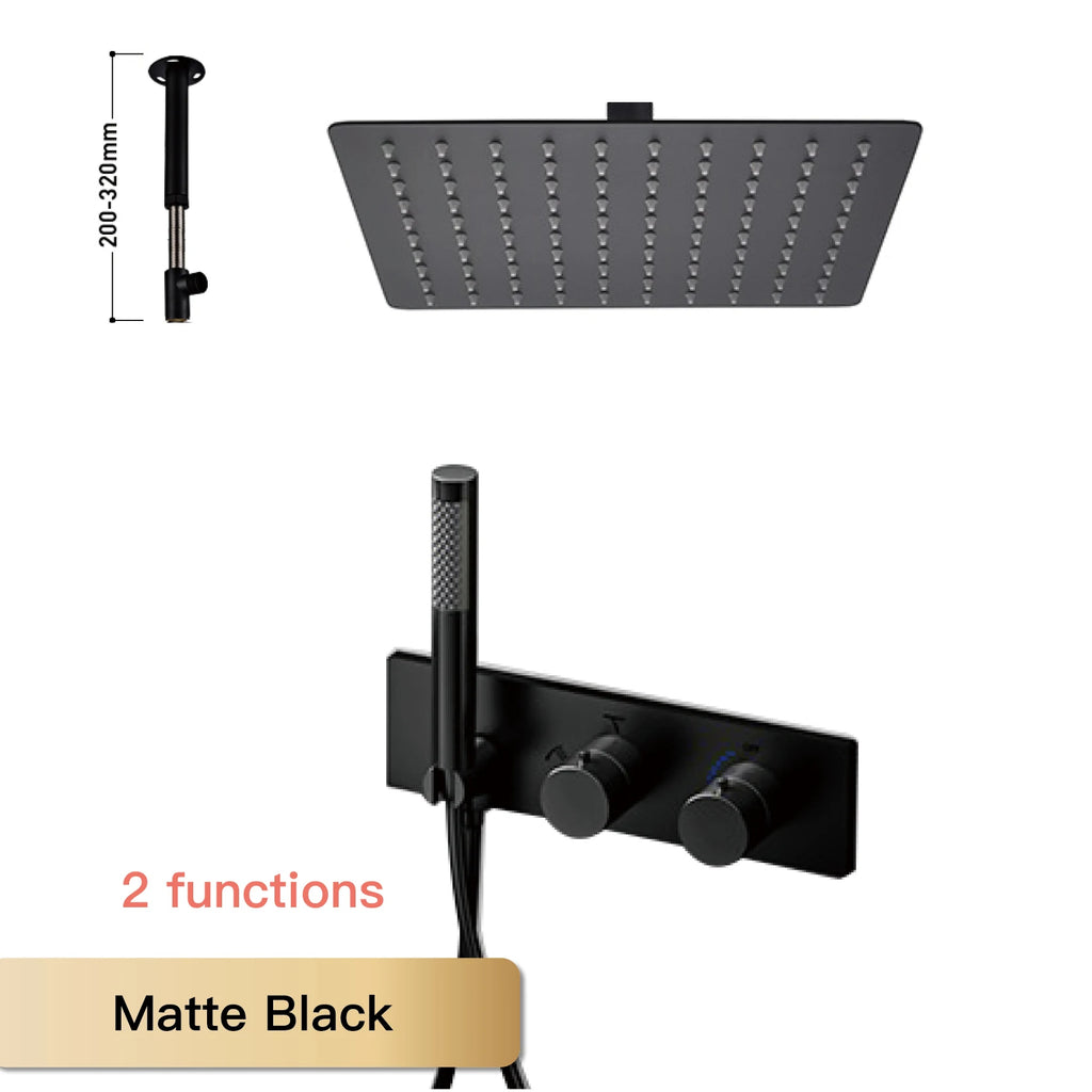 Modern Black Brass Bathroom Thermostatic Ceiling Type Shower System Wall-Mounted 3-Function Waterfall Tap for Cold & Hot Wate
