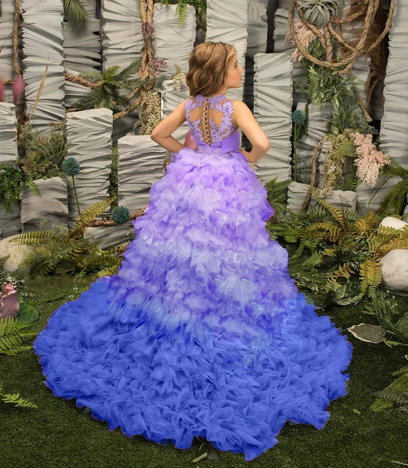 Tiered Tulle Flower Girl Dresses For Wedding With Detachable Train High Low Toddler Girls Pageant Dress Kids Party Ball Gown