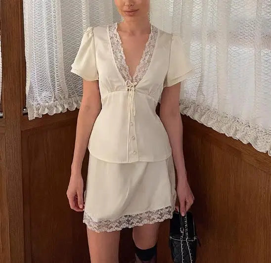 Two Piece Set Women Outfit 2026 Spring Summer New Solid Color Lace Patchwork V-Neck Short Sleeve Top & Casual Mini Skirt Set