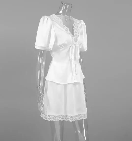 Two Piece Set Women Outfit 2026 Spring Summer New Solid Color Lace Patchwork V-Neck Short Sleeve Top & Casual Mini Skirt Set
