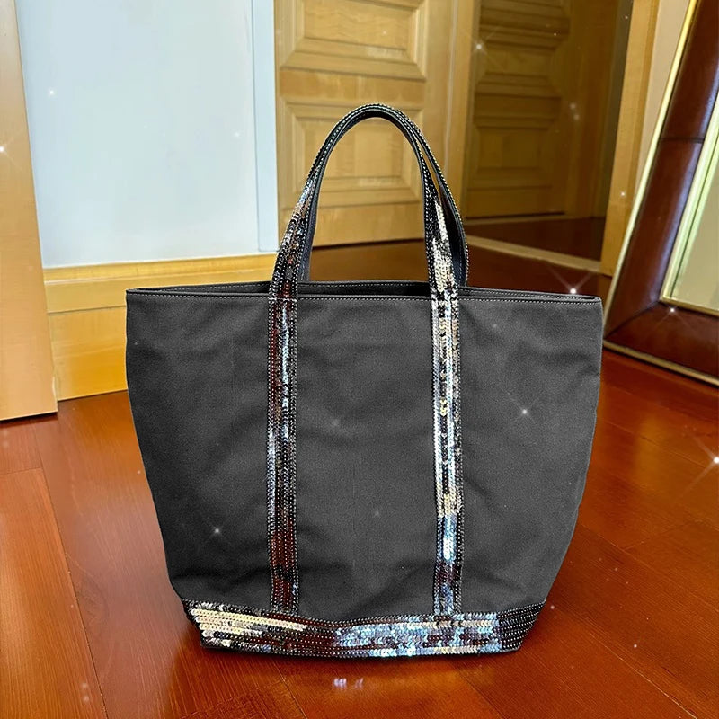 French Sequined Large-capacity Tote Bag Brand Designed Canvas Handbag Contrast Vintage Shoulder Bag Women's Business Travel Bags