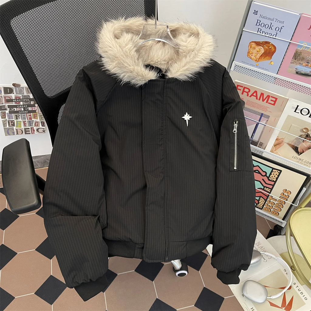 Men's Winter Thiened Hooded Cotton Jaet Loose American Retro ort Sle Warm Long Sve Youth Faion Outerwear Coat
