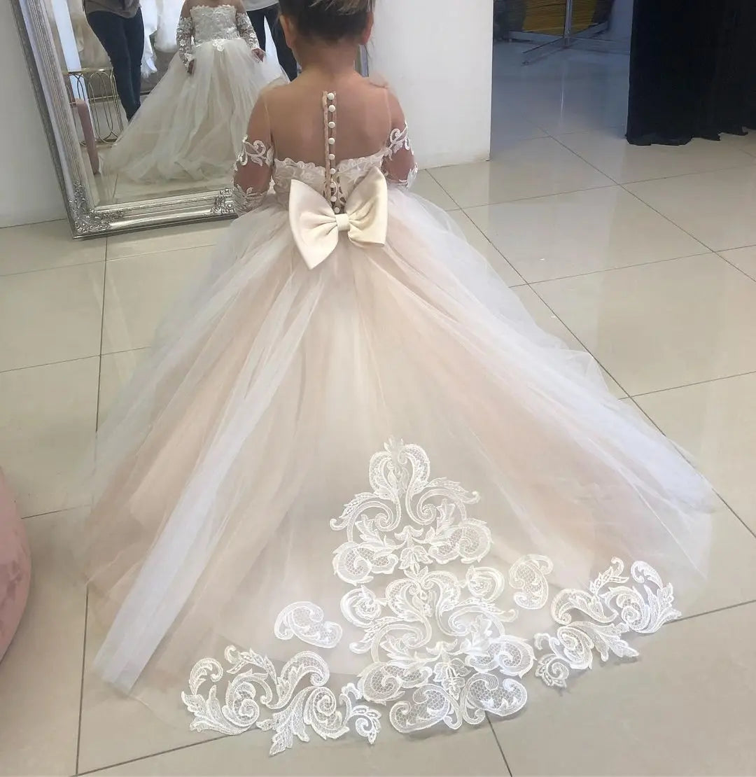 MisShow Flower Girl Dresses Princess For Wedding Party Bow Tie Back Girls Lace Dress For Kids 3-9 Years Ball Gown