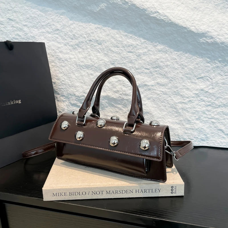 Classic Pu Leather Shoulder Bag for Women Fashion Studded Beading Crossbody Bags Vintage Handbag Small Square Satchel (Black)