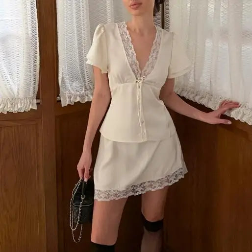 Two Piece Set Women Outfit 2026 Spring Summer New Solid Color Lace Patchwork V-Neck Short Sleeve Top & Casual Mini Skirt Set