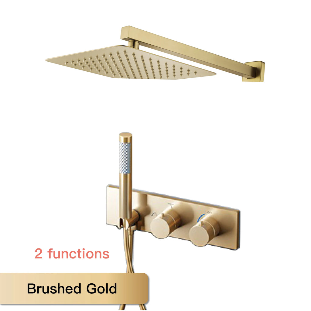 Modern Black Brass Bathroom Thermostatic Ceiling Type Shower System Wall-Mounted 3-Function Waterfall Tap for Cold & Hot Wate